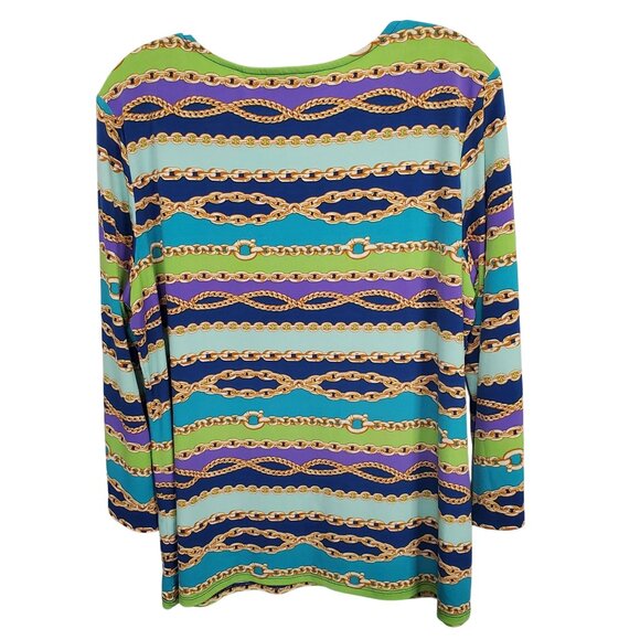 Bob Mackie Wearable Art L Tunic Top Chain Print Multicolor Liquid Knit Pullover - Picture 3 of 10